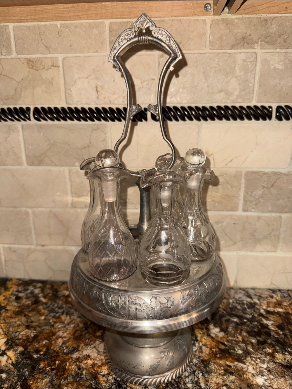 Antique Silverplate & Clear Glass Cruet Set Elegant Table Condiment Server 1880